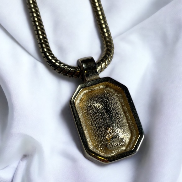 Vintage 80s DIOR Gold Plated Necklace with Orange Crystal Pendant - Picture 3 of 7